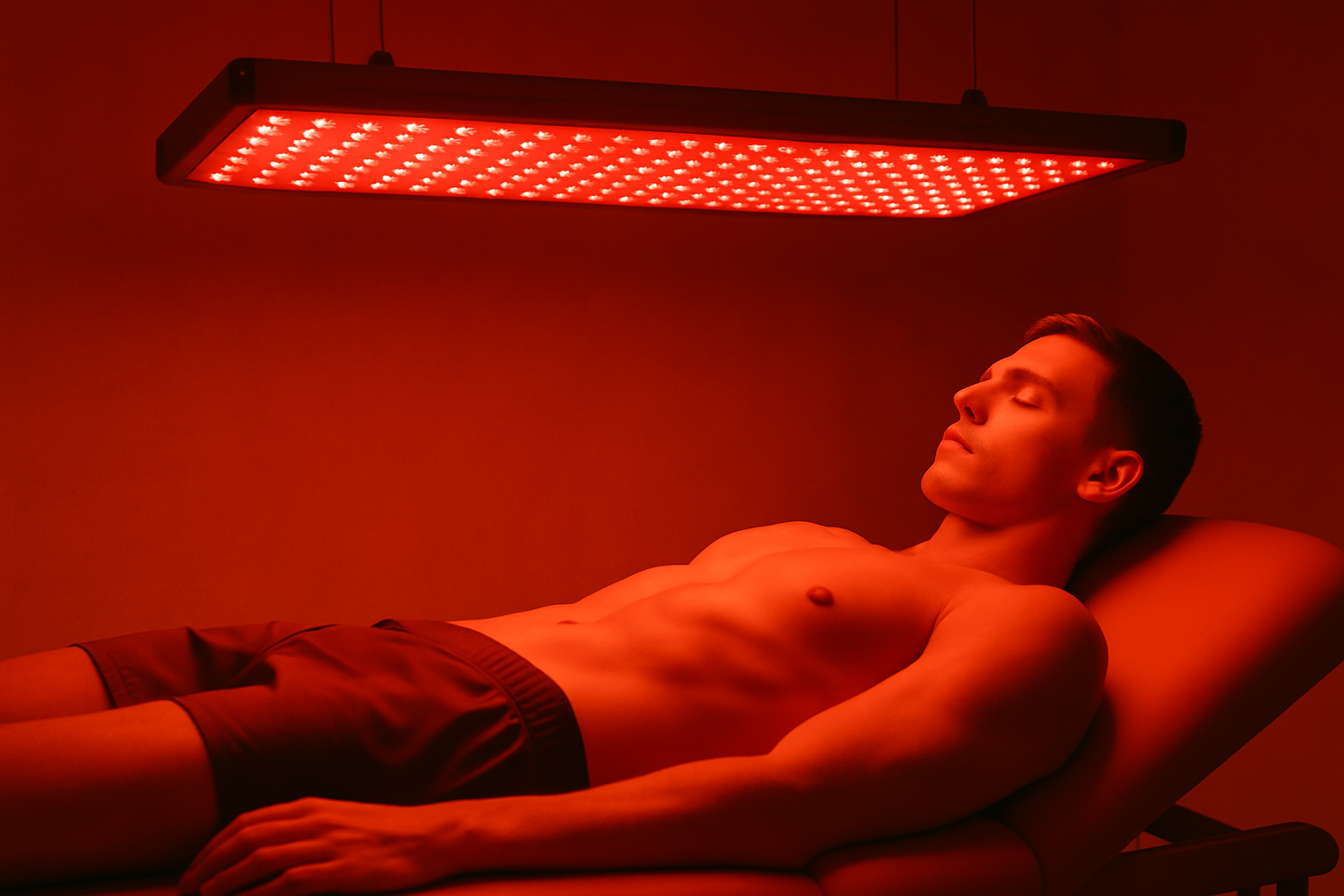 Man relaxing under a red light therapy LED panel during a session